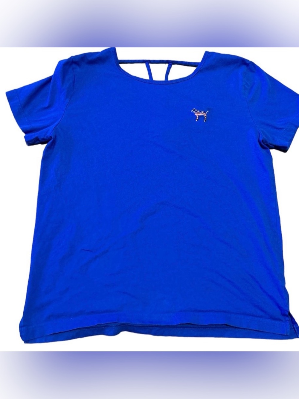 VS PINK Royal Blue Campus Tee L Strappy Cutout Back Patriotic Flag Dog Logo